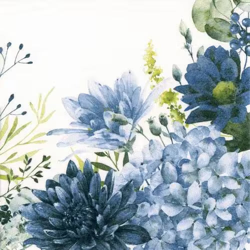 Watercolor floral print featuring blue hydrangeas, blue chrysanthemums, and green foliage on a white background.