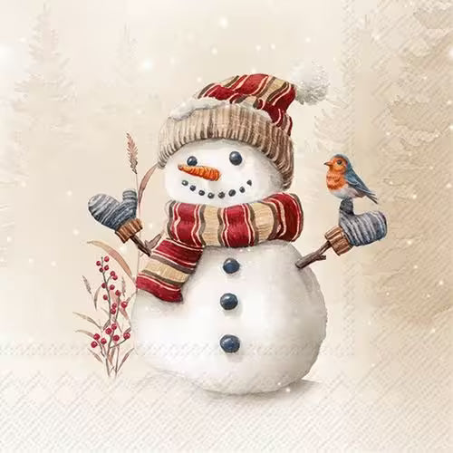 A cheerful snowman wearing a striped hat, scarf, and mittens, with a small bird perched on one hand.