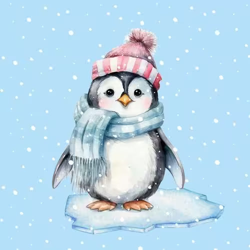 Illustration of a penguin wearing a striped hat and scarf on a light blue background with snowflakes.