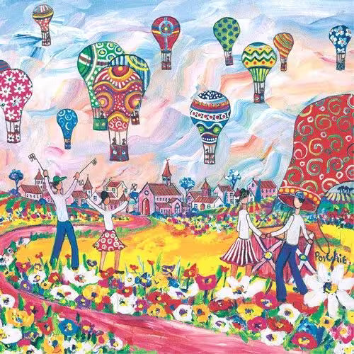 Colorful illustration of people in a garden with hot air balloons.