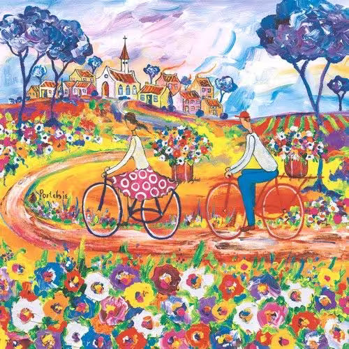Colorful illustration of two people riding bicycles through a village with flowers and trees.