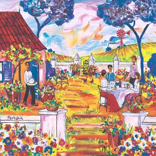 Colorful illustration of a garden scene with people dining and a waiter, featuring vibrant flowers and a house.