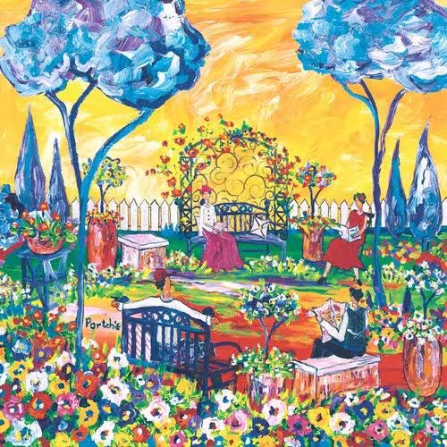 Colorful illustration of a garden scene with people reading books.