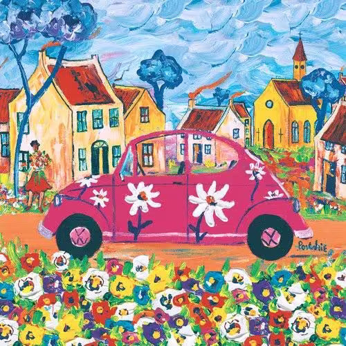 Colorful illustration of a pink car with flowers in a village setting