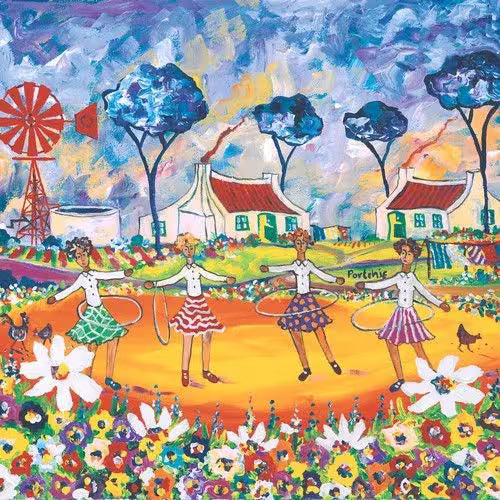 Colorful artwork of four women dancing in a garden with houses and a windmill in the background.
