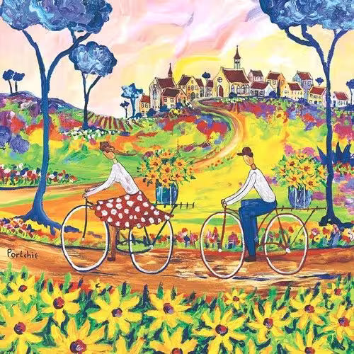 Colorful illustration of two people riding bicycles through a vibrant landscape with flowers and a village in the background.