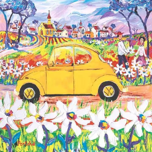 Colorful illustration of a yellow car on a road with a village in the background