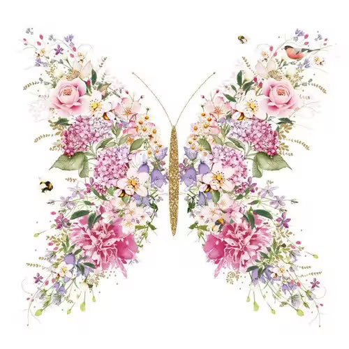 Butterfly-shaped design made of flowers and leaves on a white background