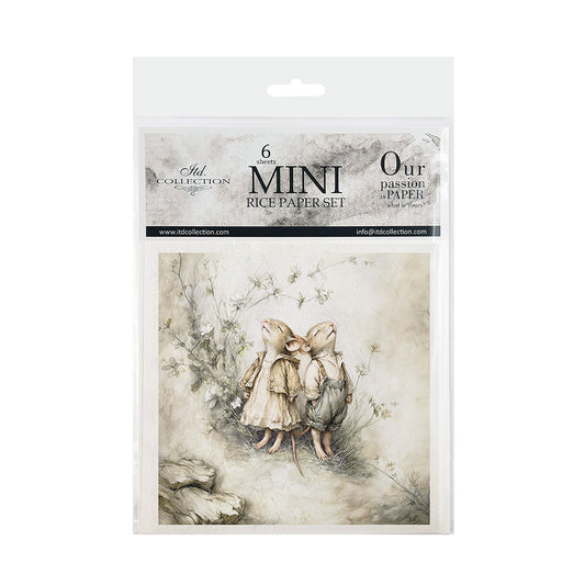 Package of mini rice paper set with illustration of two children and text on a white background