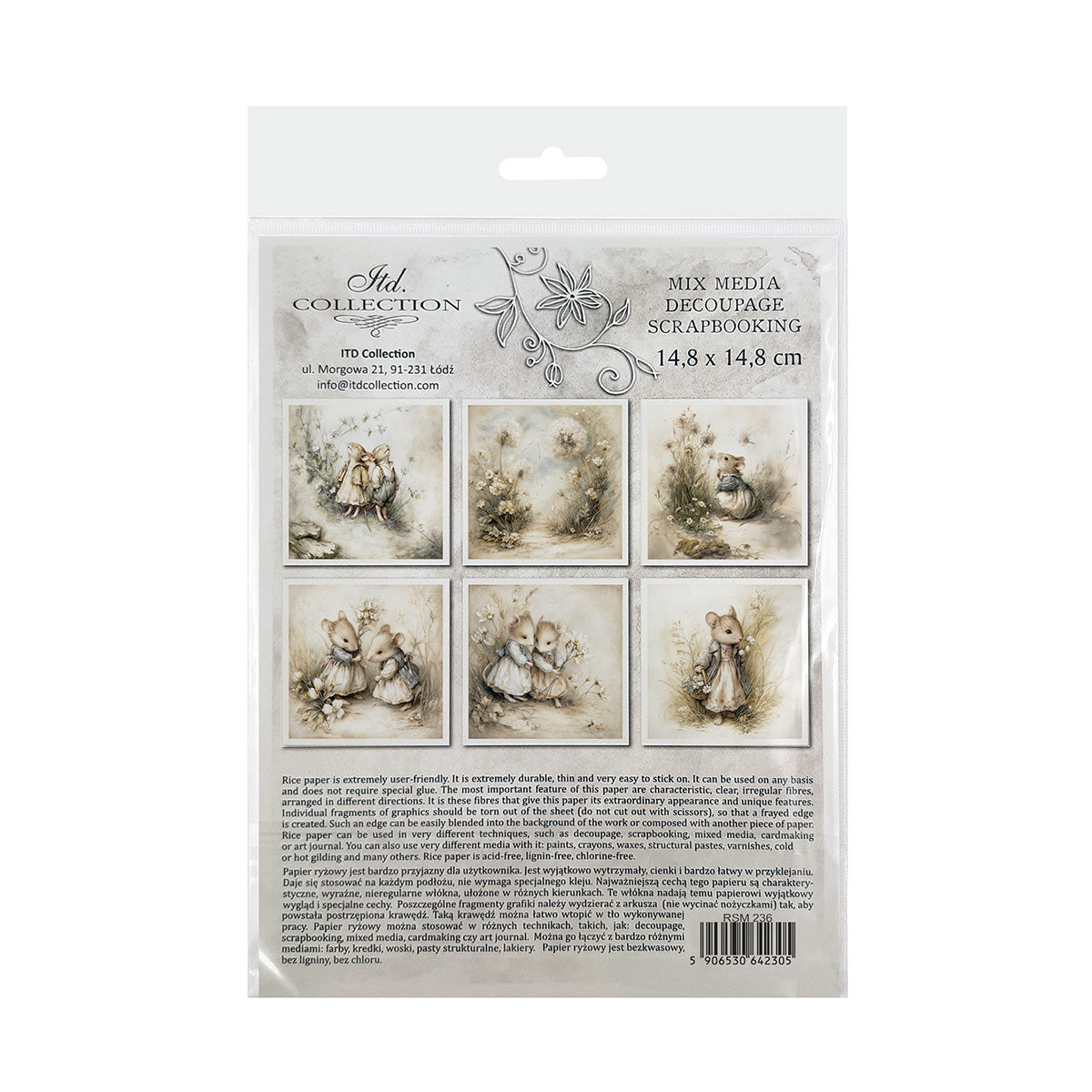 Packaging of decoupage rice paper with illustrations on a white background