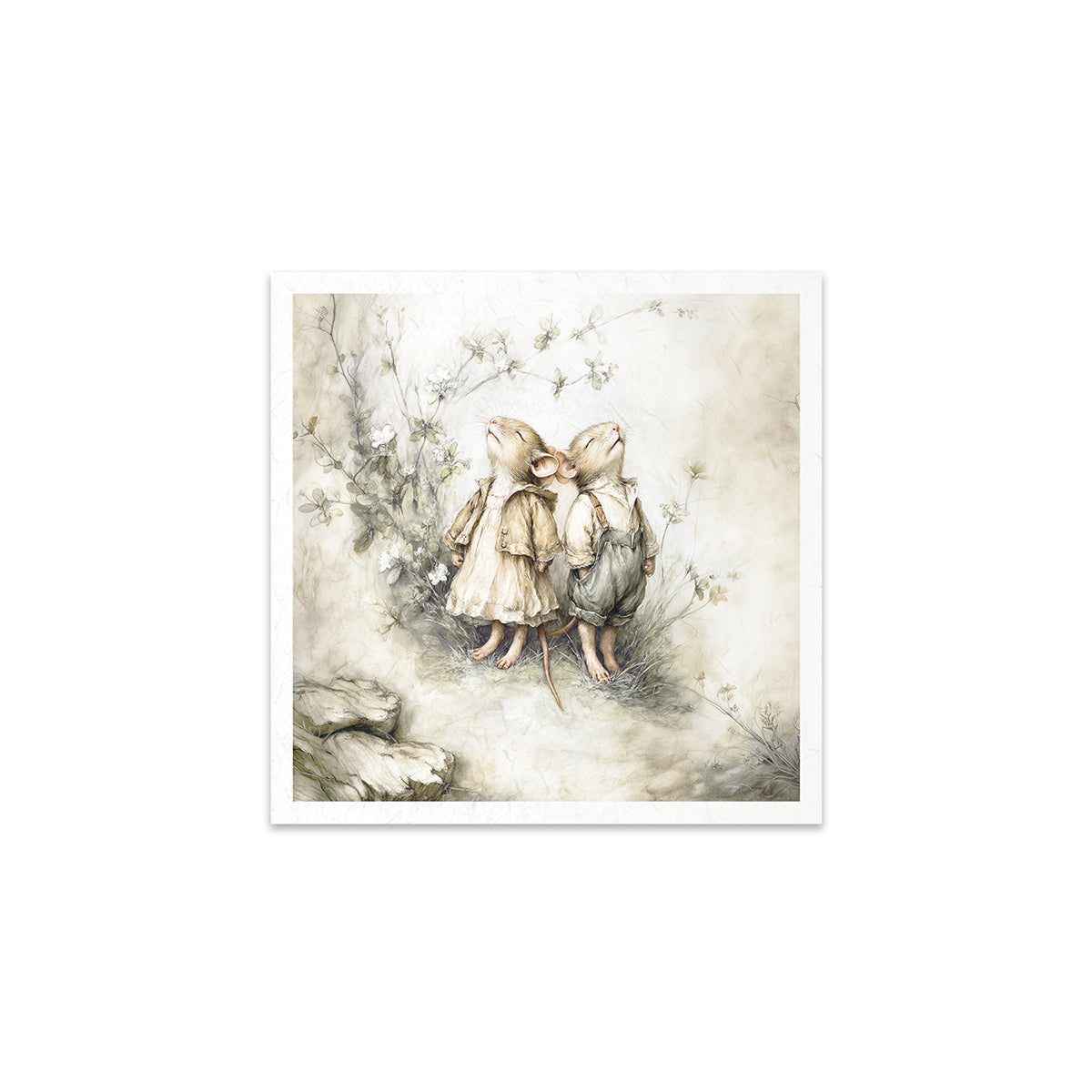 Art print of two fairy-like figures standing in a forest setting with a white border.