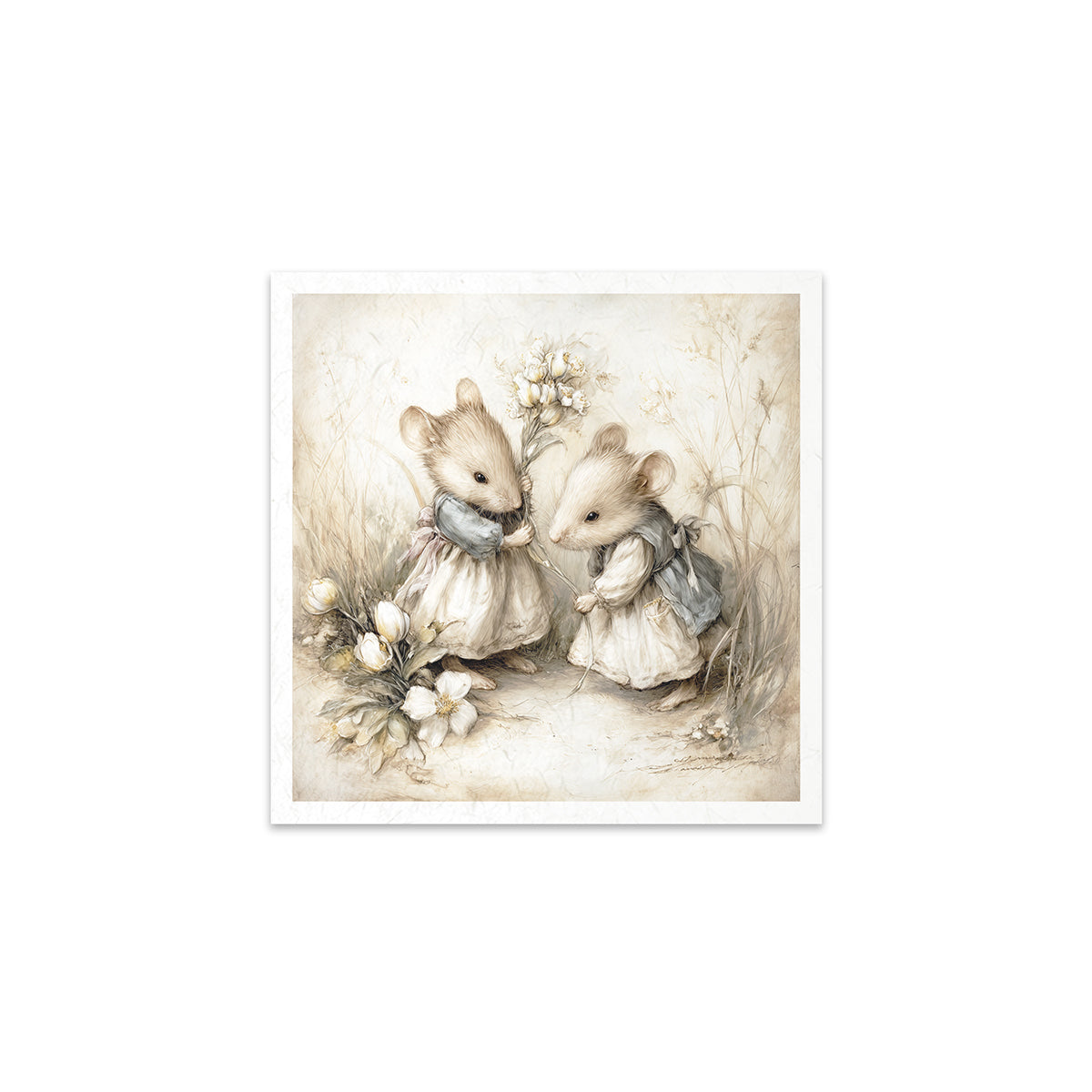 Illustration of two mice in dresses standing next to flowers on a white background
