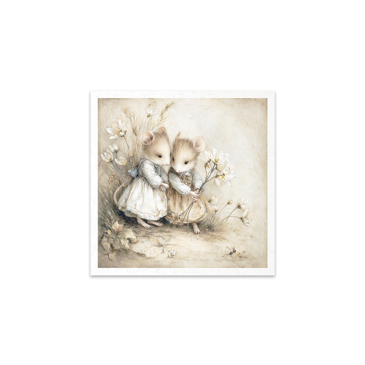 Illustration of two mice in dresses holding hands with flowers on a beige background