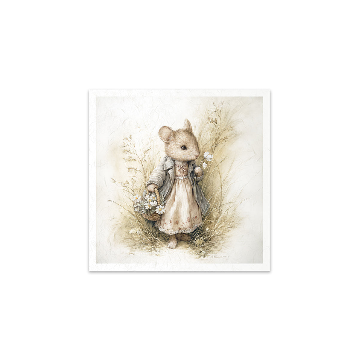 Illustration of a mouse in a dress with flowers on a white background
