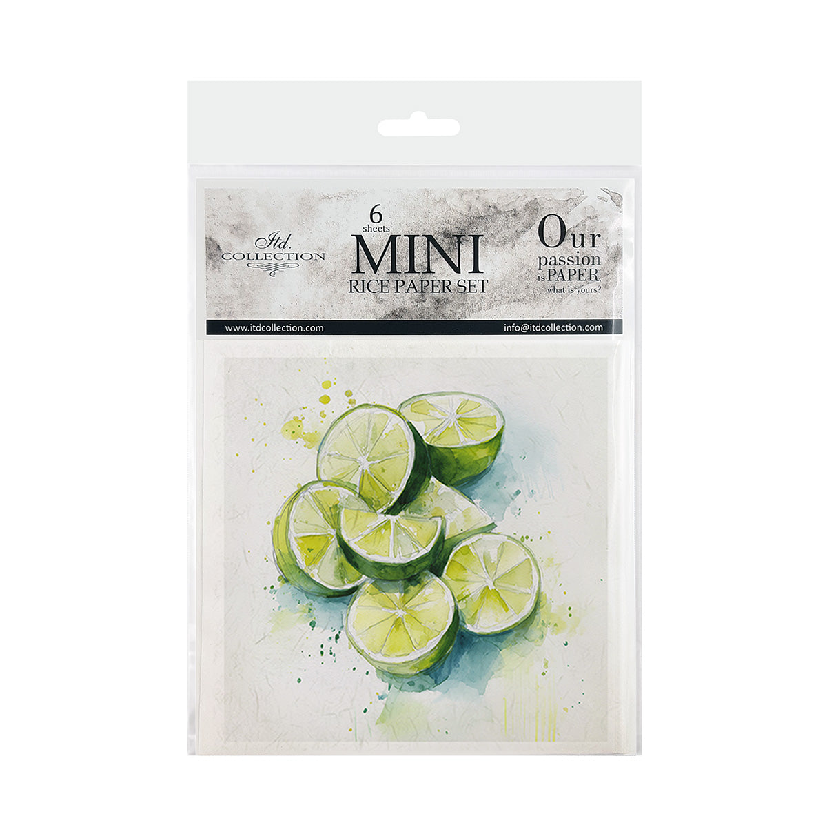 Packaging of mini rice paper sets with lime slices design on a white background
