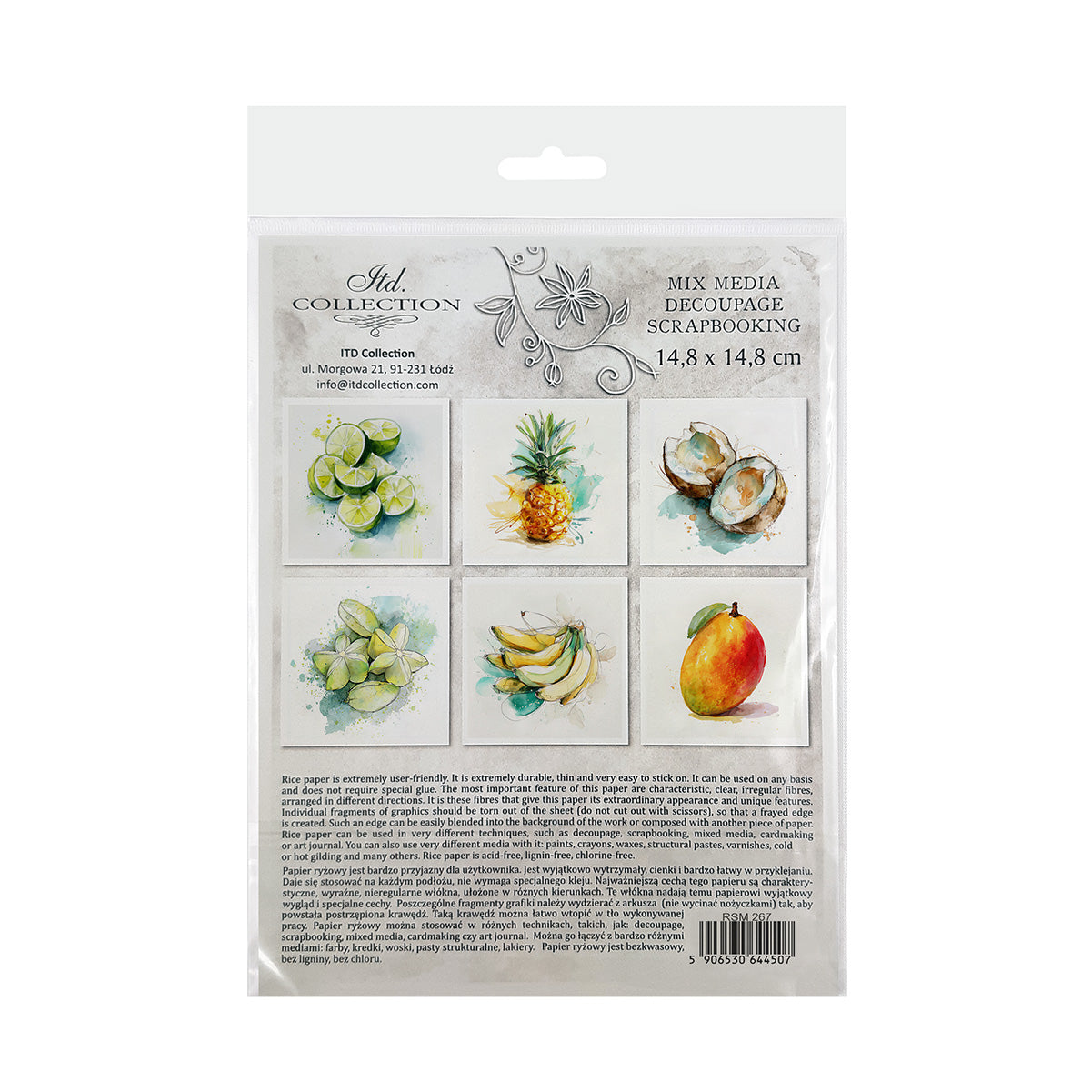 Packaging of fruit-themed decoupage rice paper with images of a lime, pineapple, coconut, banana, and mango.
