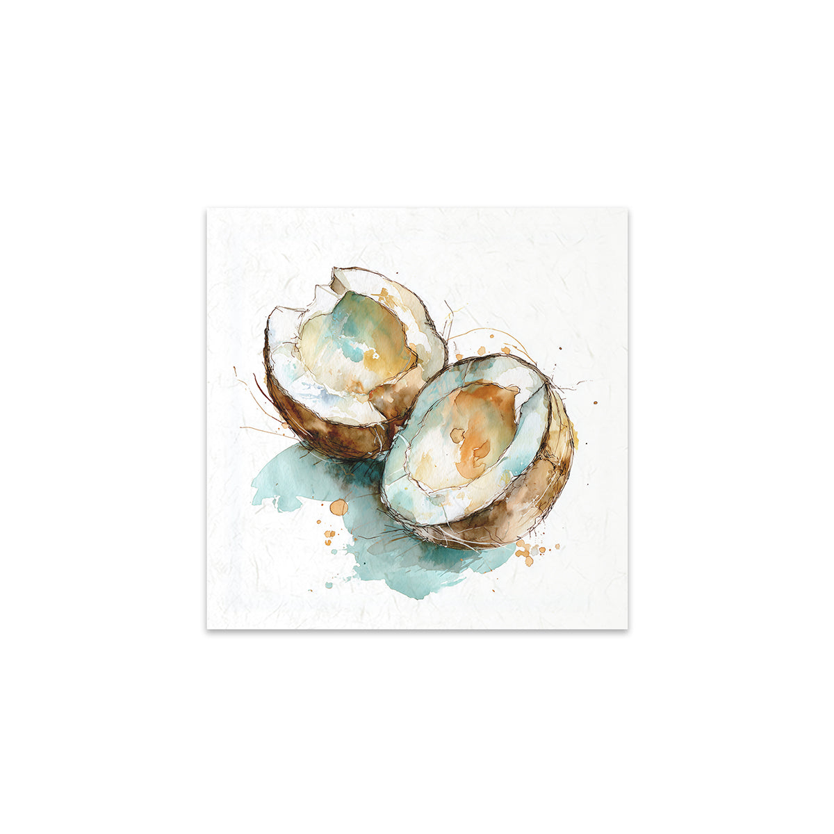 Art print of two coconuts with watercolour texture on a white background