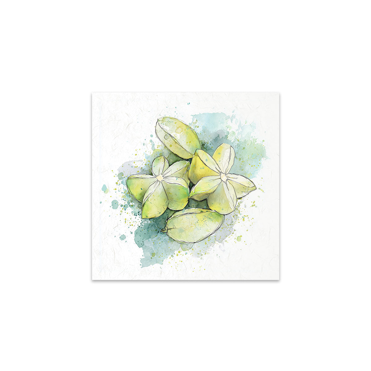 Art print of green starfruit on a watercolour background