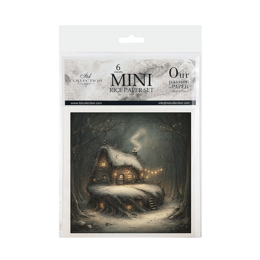 Packaging of a mini rice paper set with a scenic illustration of a house in a forest.