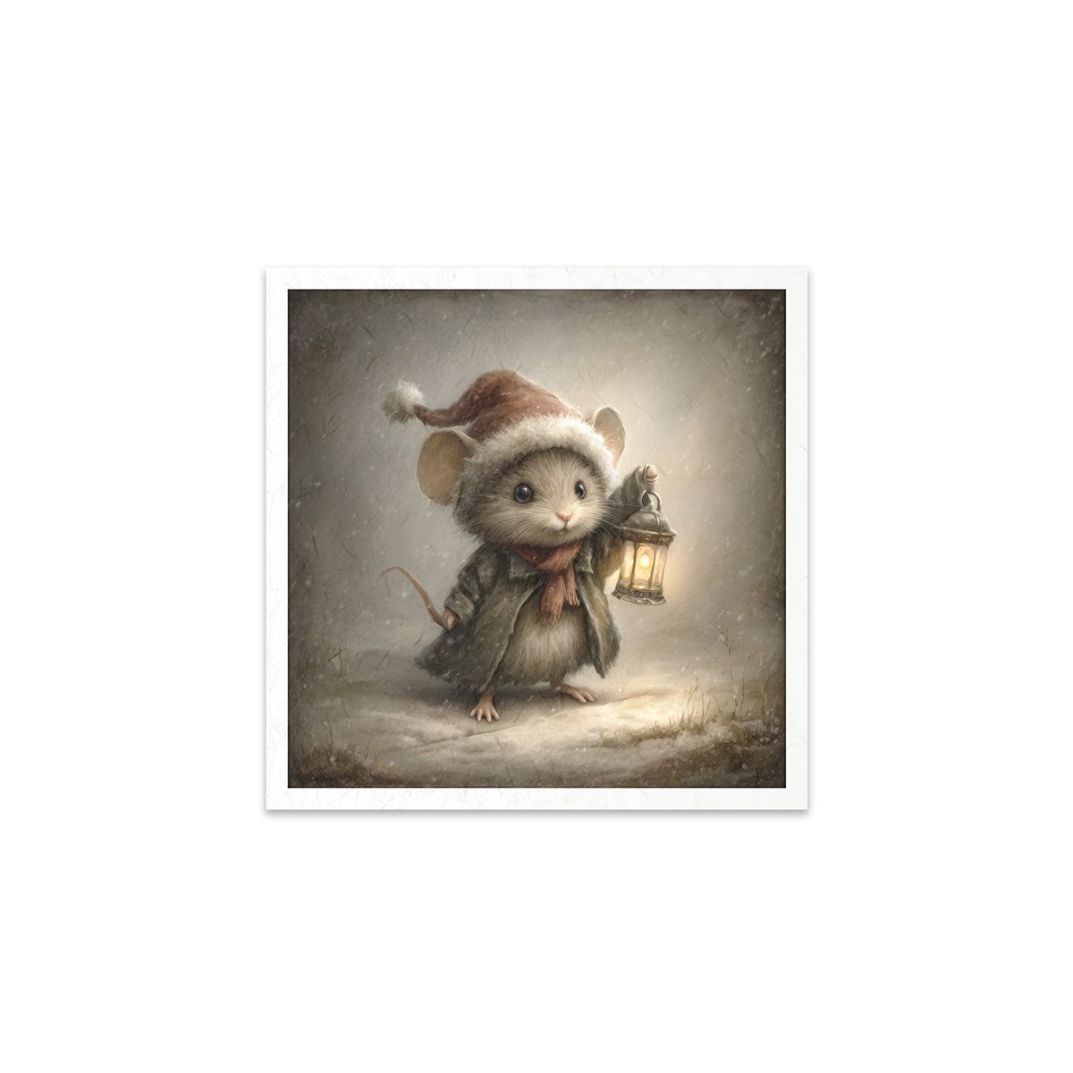 Illustration of a mouse wearing a Santa hat and holding a lantern on a textured background