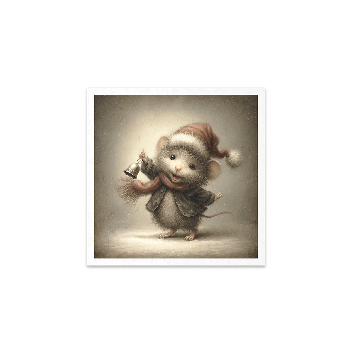 Illustration of a mouse in a coat with a bell, on a textured background