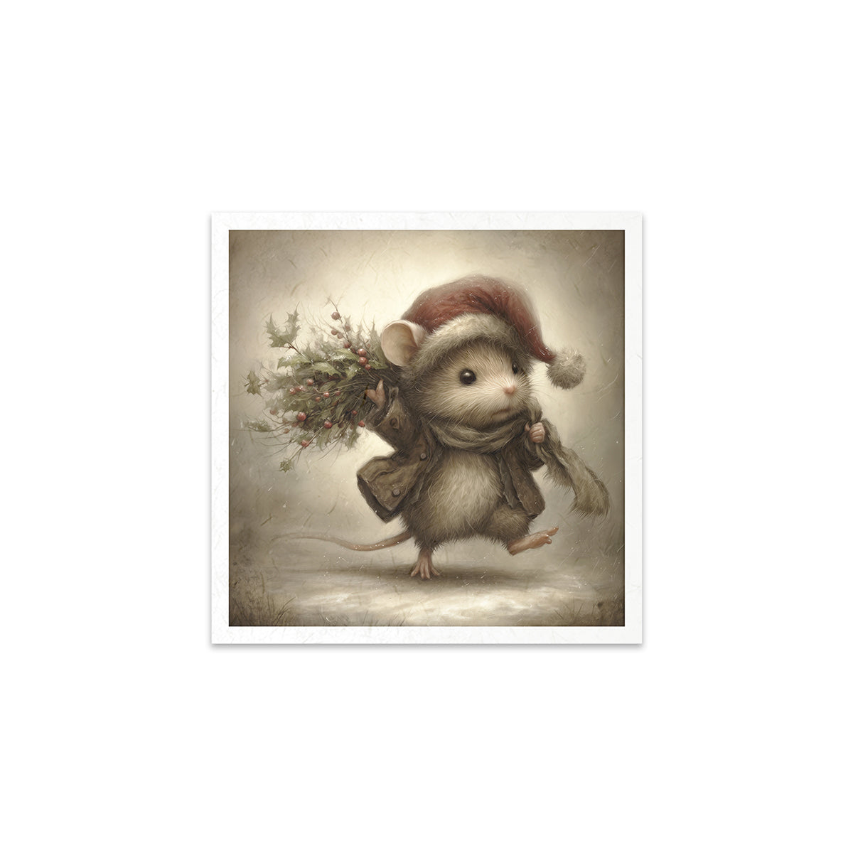 Illustration of a mouse wearing a Santa hat and holding a bundle of sticks on a textured background