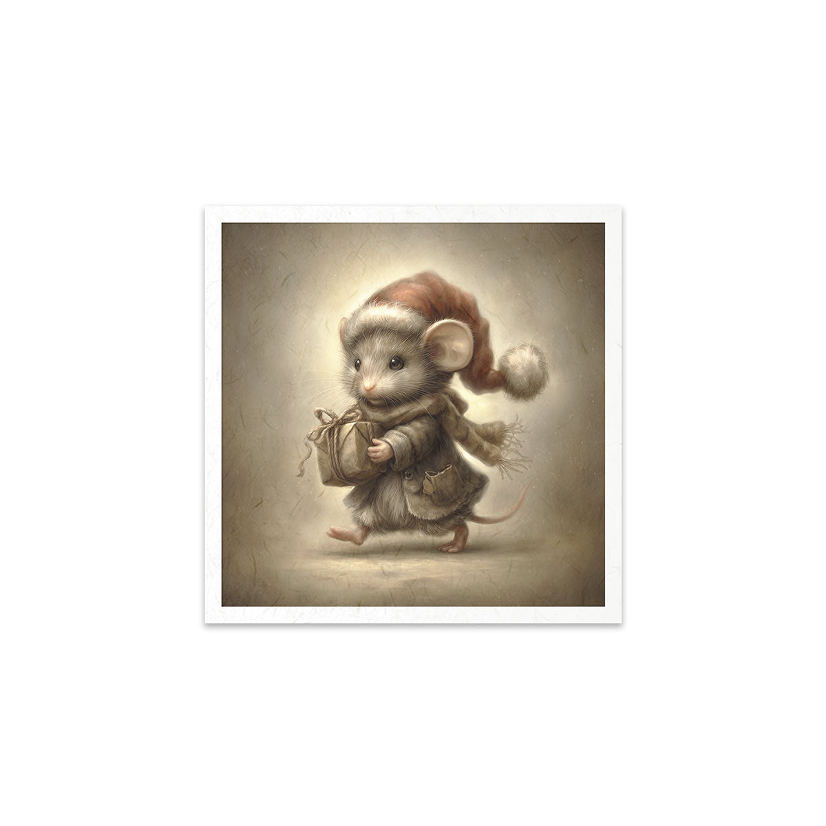 Illustration of a mouse in a Santa hat holding a gift on a textured background