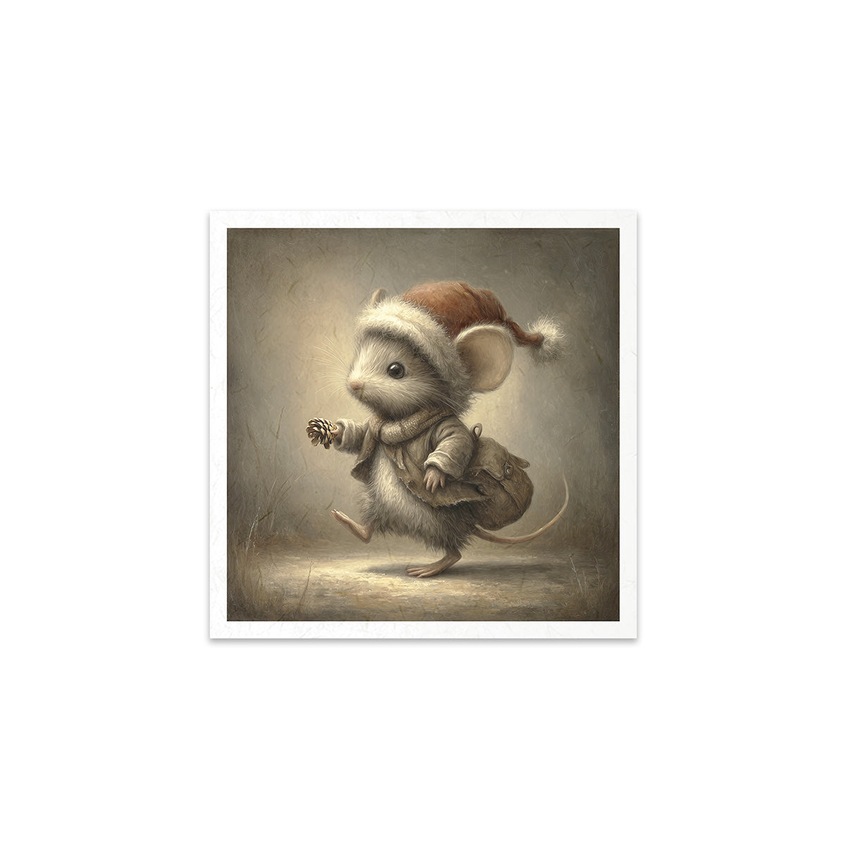 Illustration of a mouse in winter clothing with a Santa hat