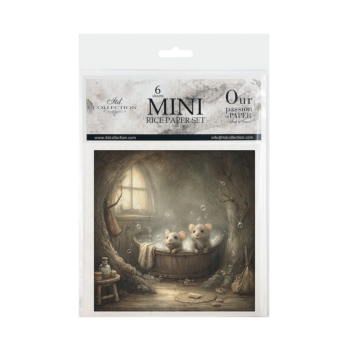 Package of mini rice paper set with illustration of two mice in a bathtub.
