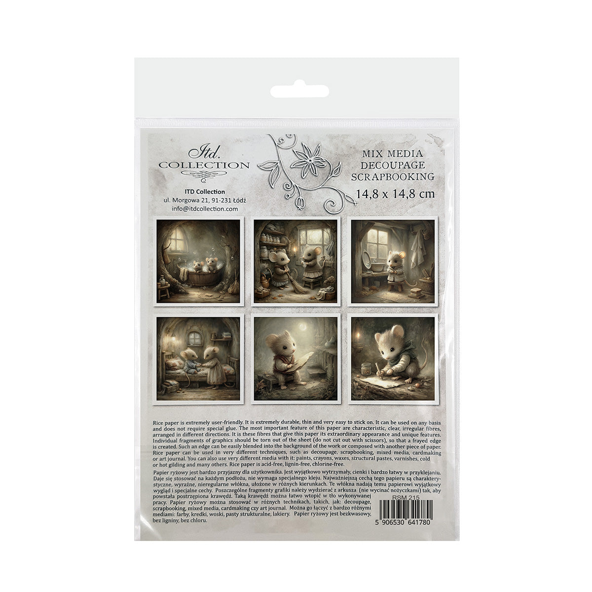 Packaging of mini rice paper set with images of mice in various settings.