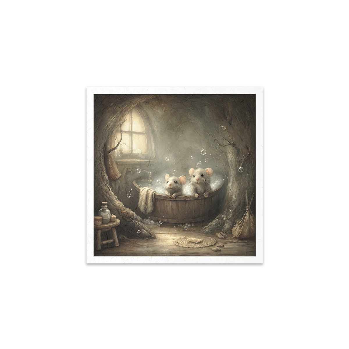 Two mice in a bathtub with bubbles in a cozy bathroom.