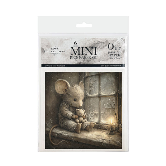 Package of mini rice paper set with a mouse holding a teddy bear by a window.