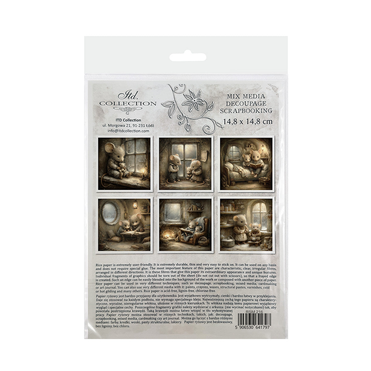 Packaging of a mini rice paper set with images of mice in a room