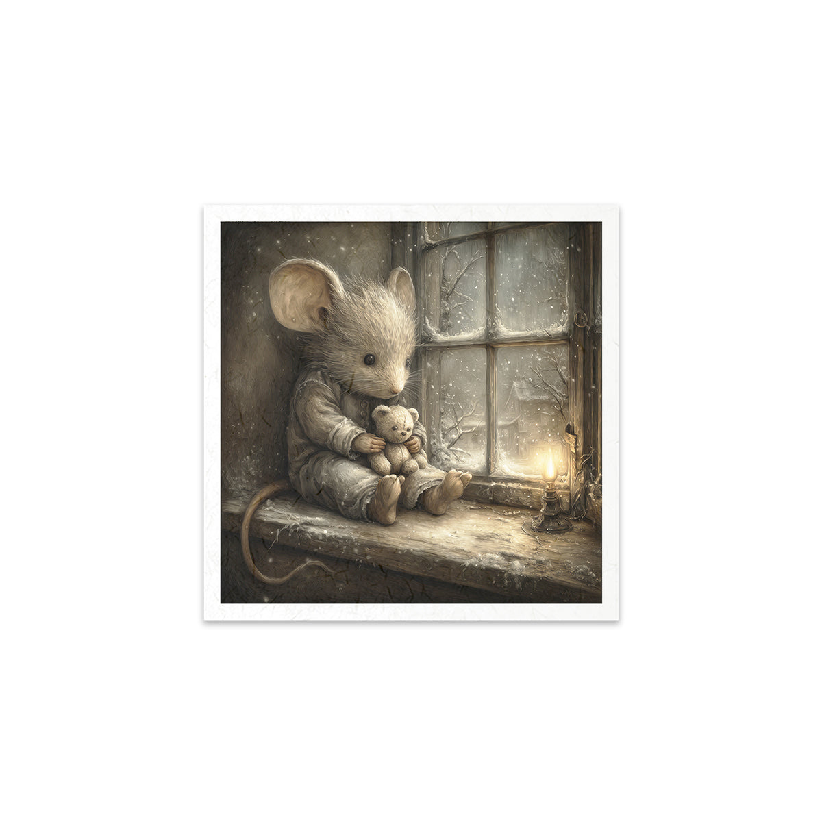 Illustration of a mouse holding a teddy bear by a window with a candle.