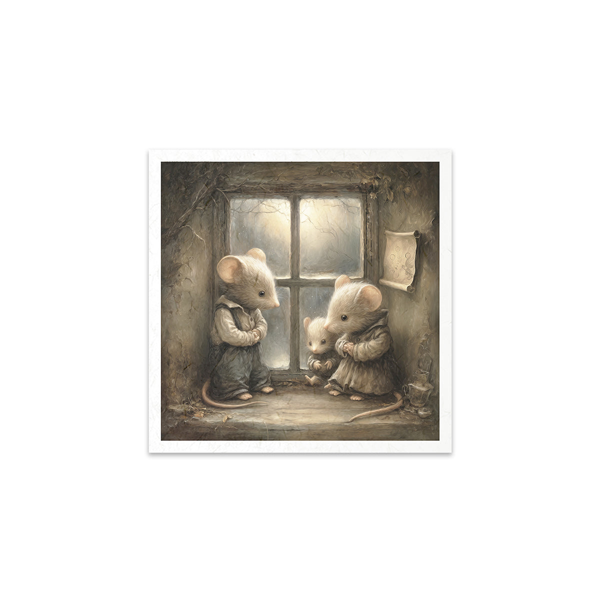 Illustration of three mice by a window with a warm glow.