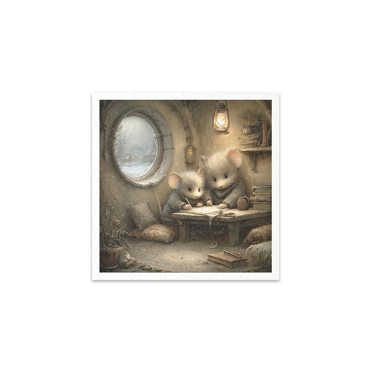 Illustration of two mice at a table in a cozy room with a round window.