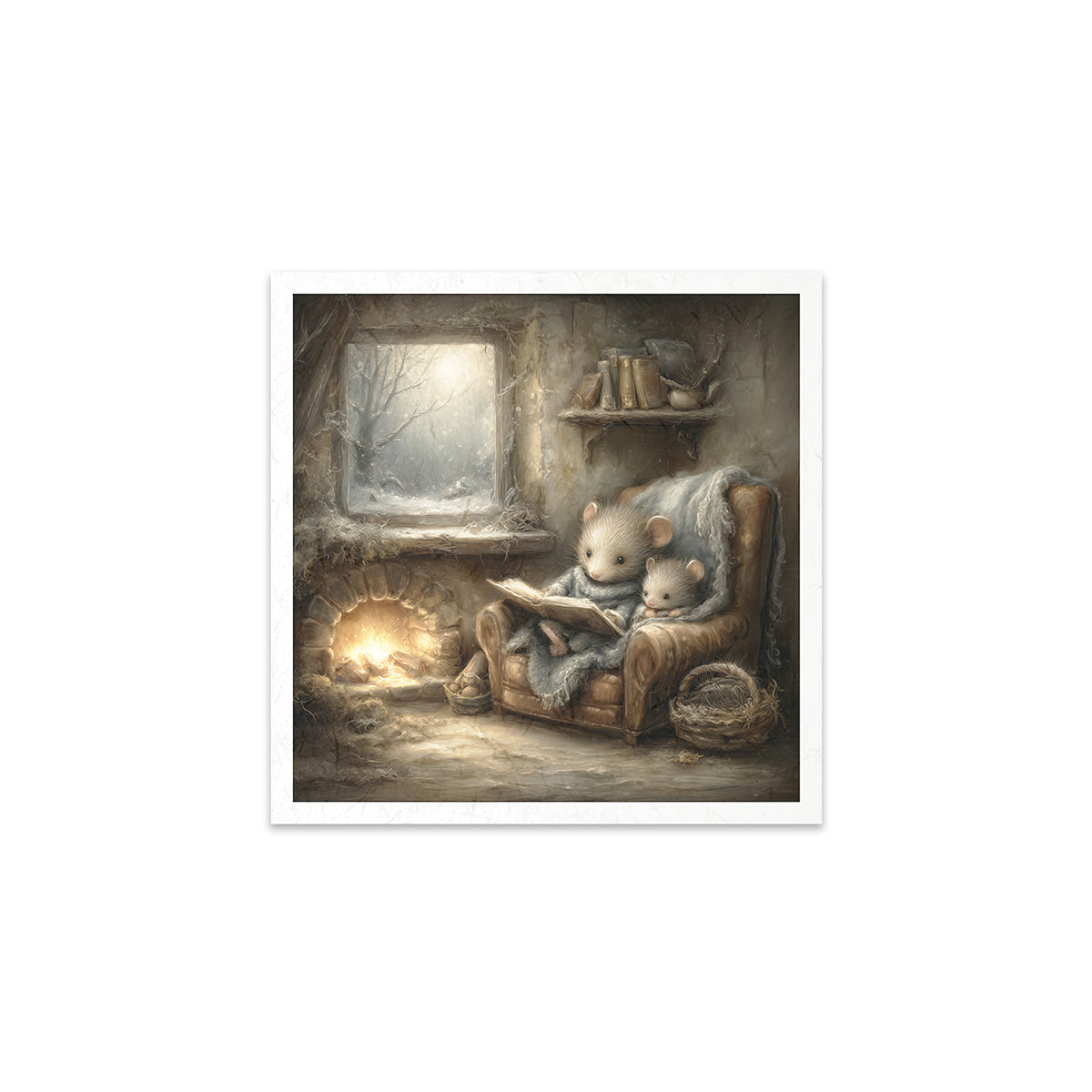 Illustration of two mice sitting on a chair reading a book in a cozy room.