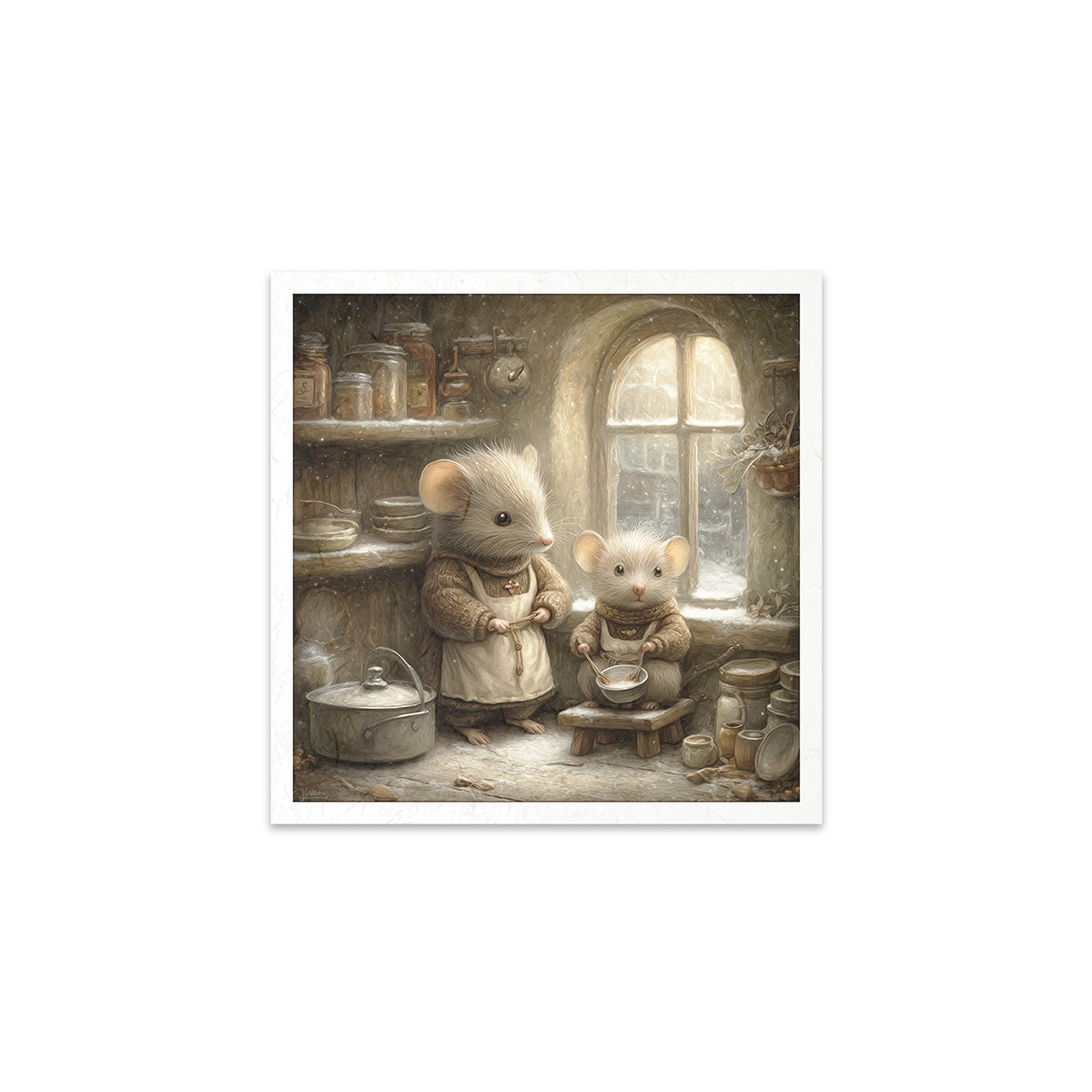 Illustration of two mice in a kitchen setting with a window in the background.