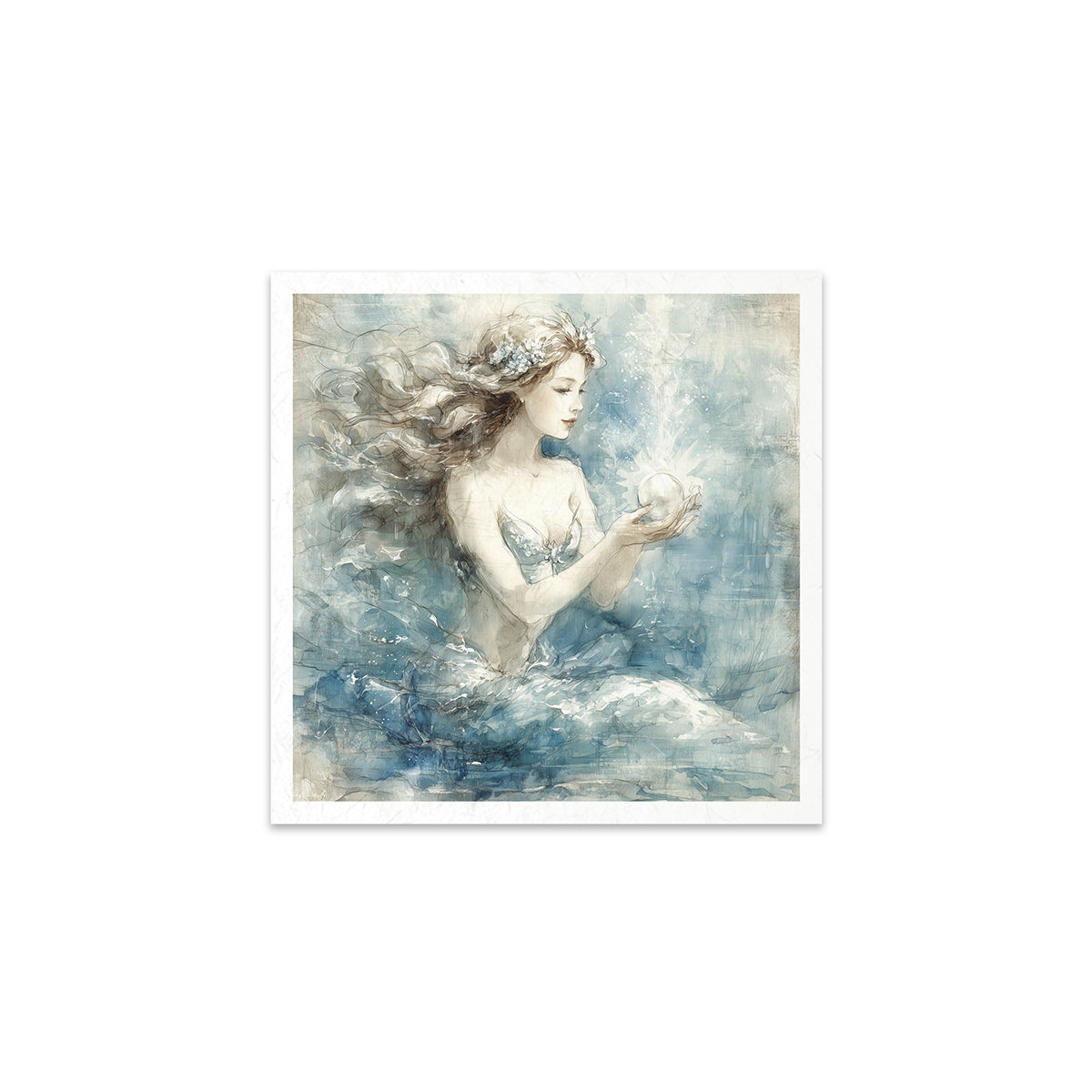 A woman holding a crystal ball with a soft, pastel colour palette.