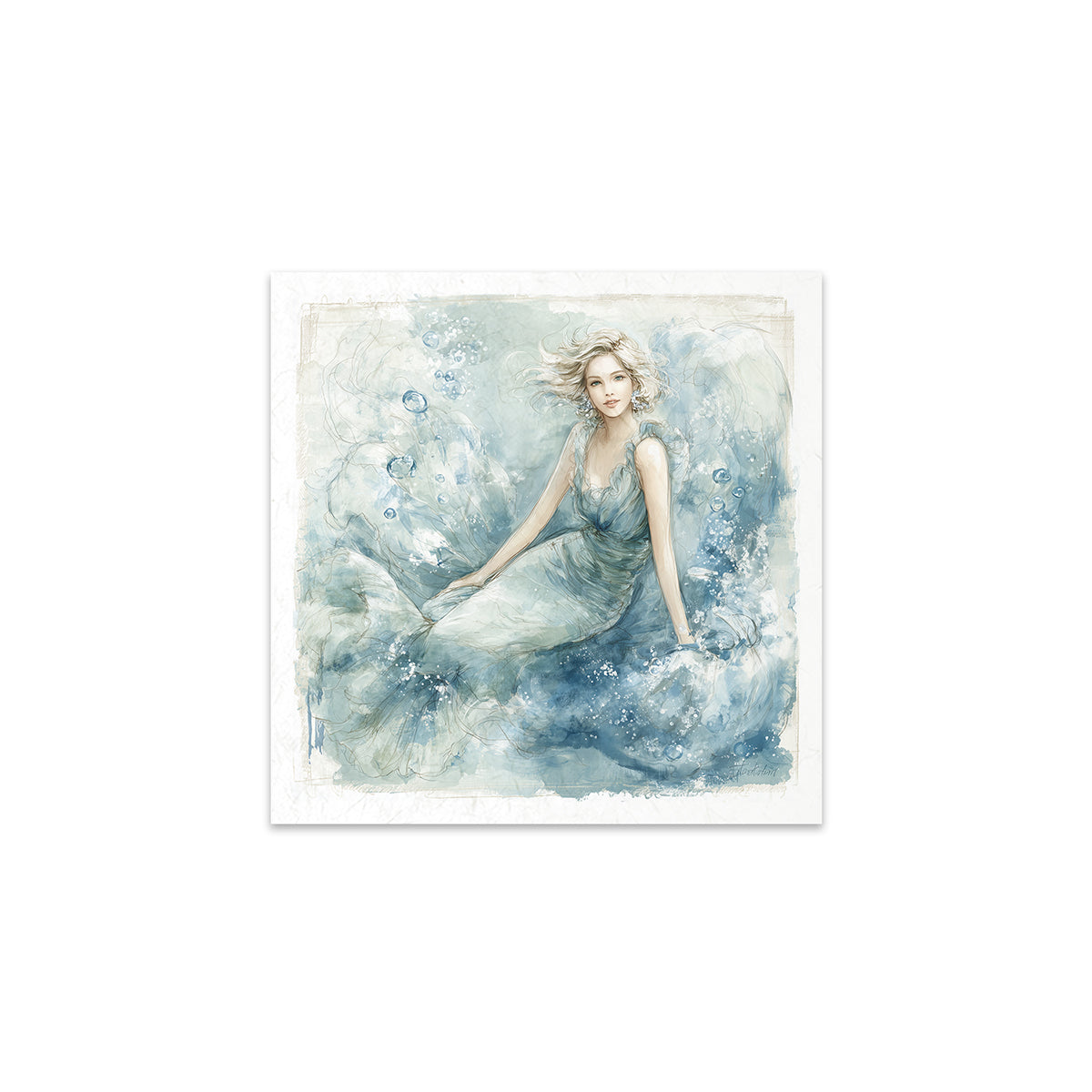 A woman in a flowing dress surrounded by water and bubbles