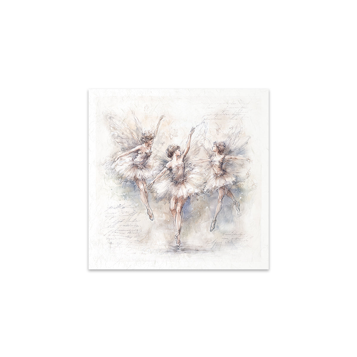 Three ballerinas in tutus on a textured white background