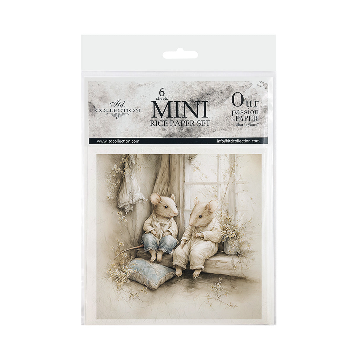 Package of mini rice paper set with two mice sitting on a bench.