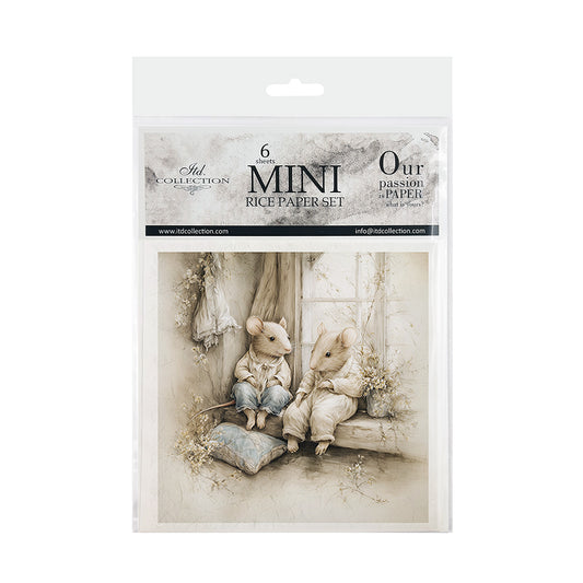 Package of mini rice paper set with two mice sitting on a bench.