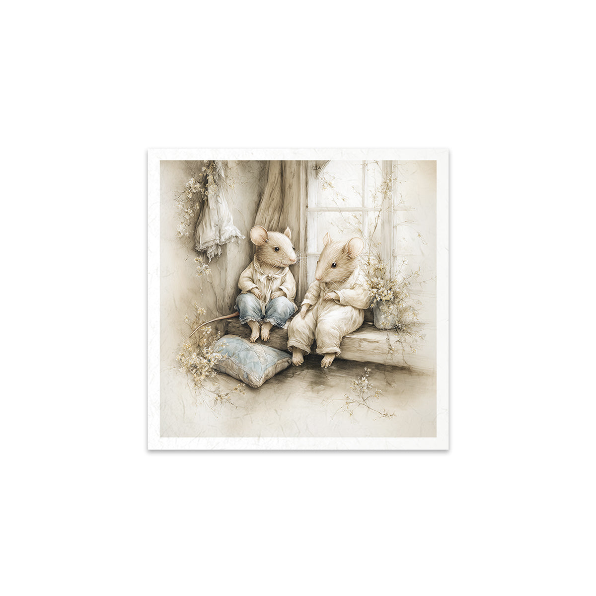 Illustration of two mice sitting by a window with a soft, sepia tone.