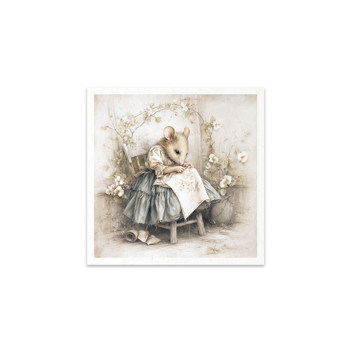 Illustration of a mouse in a dress sitting on a chair with flowers and a vase in the background.