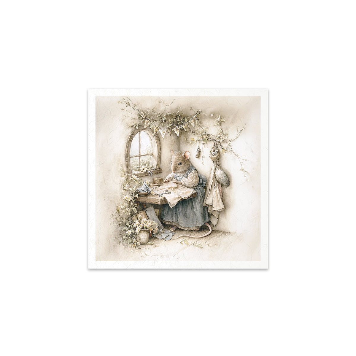 Illustration of a mouse in a dress sitting by a window with flowers on a white background