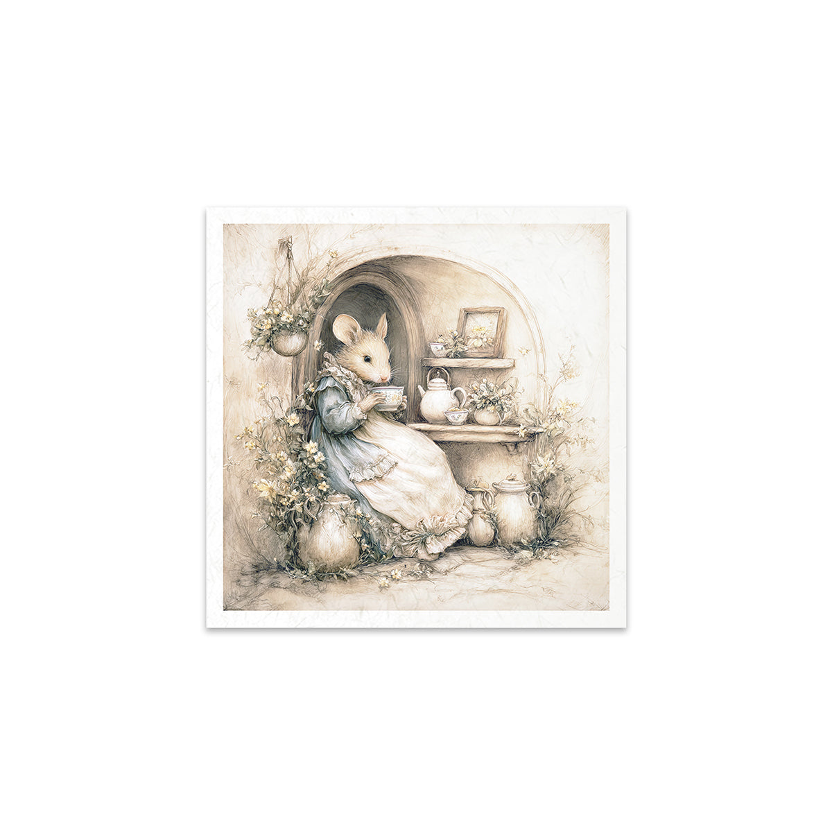 Illustration of a mouse in a cozy room with a framed border