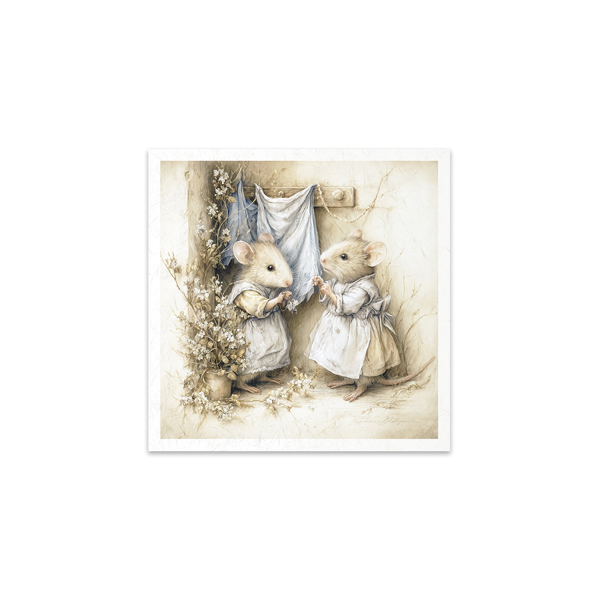 Illustration of two mice in a vintage-style setting with flowers and a banner.