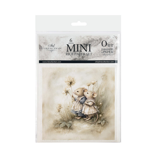 Package of mini rice paper set with two mice holding flowers on a white background