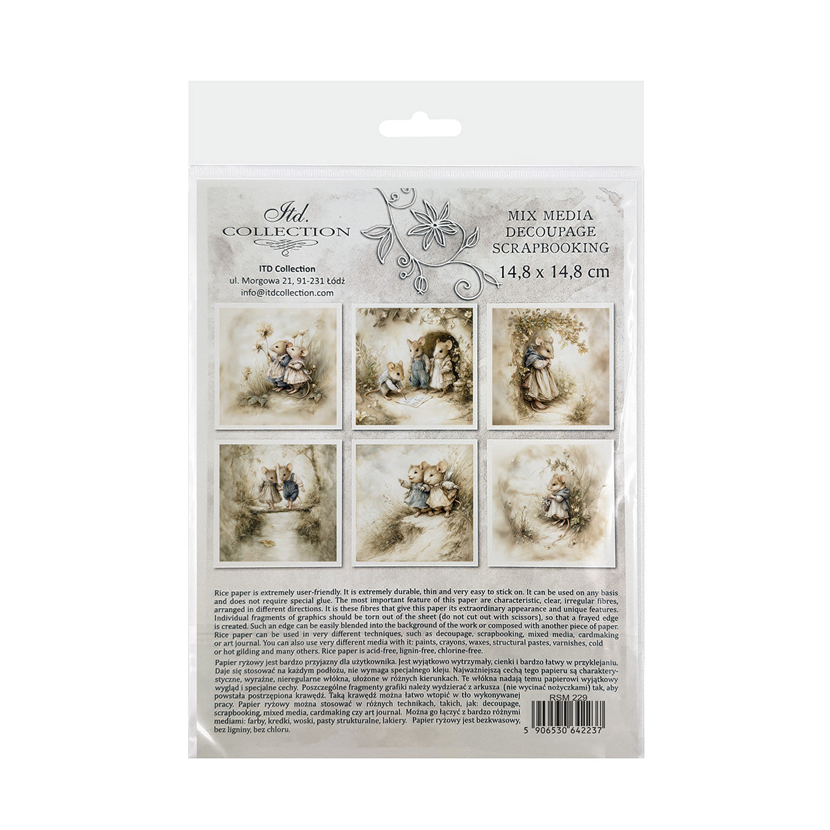 Packaging of decoupage rice paper with images of mice in nature